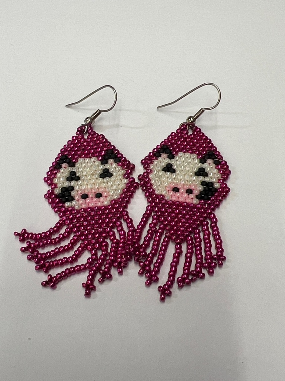 Handmade Beaded Cow Face Fringe Earrings - Hot Magenta Pink